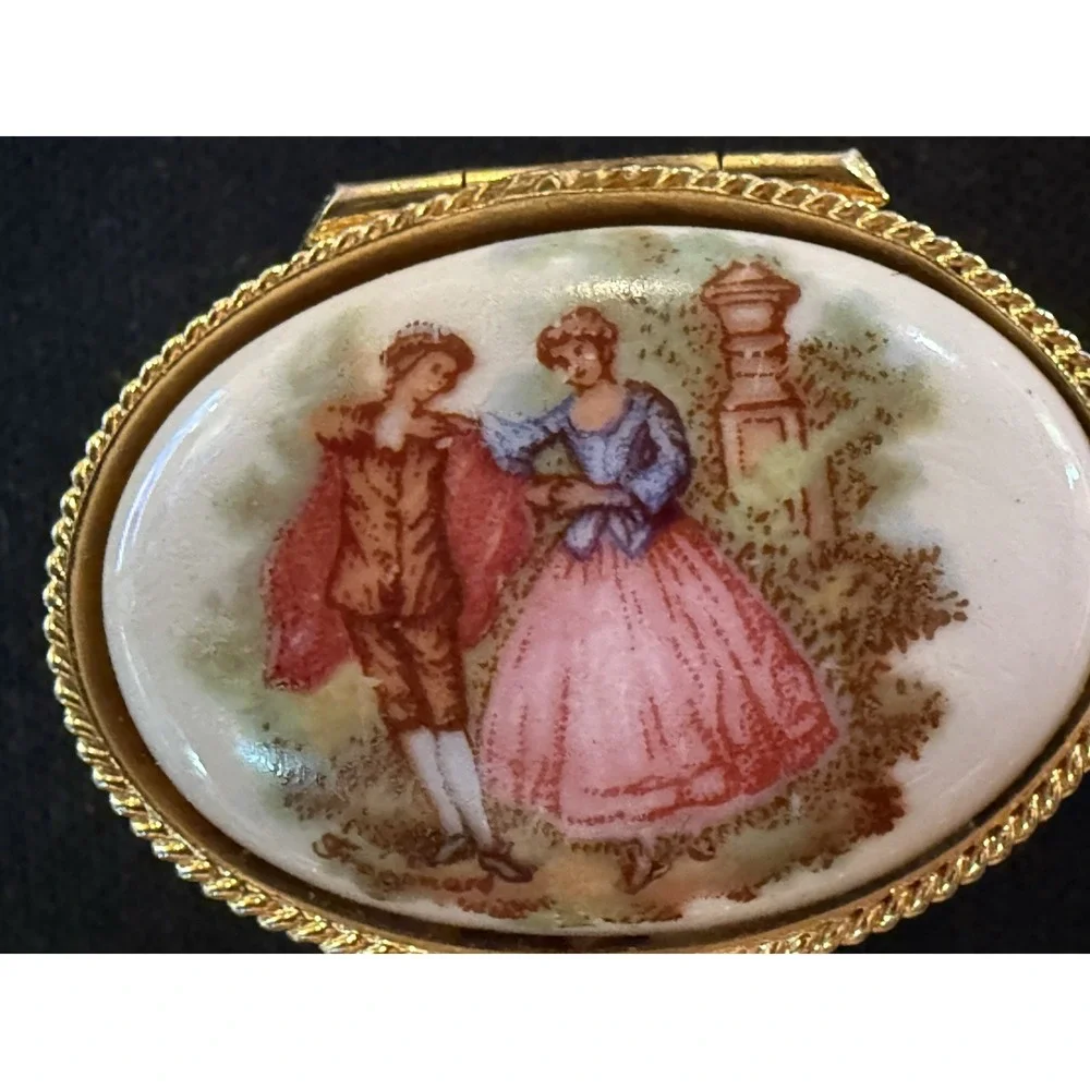 Vintage Fragonard Pill Box Etched Round Gold Tiny Trinket  Snuff Box Pink